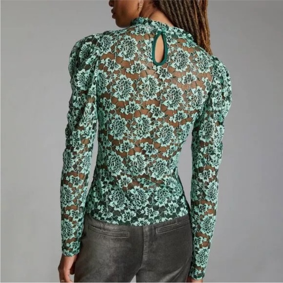 Anthropologie Dolan Green Lace Long Sleeve Ruffle Collar Puff SleeveTop Sz Small - Picture 2 of 12